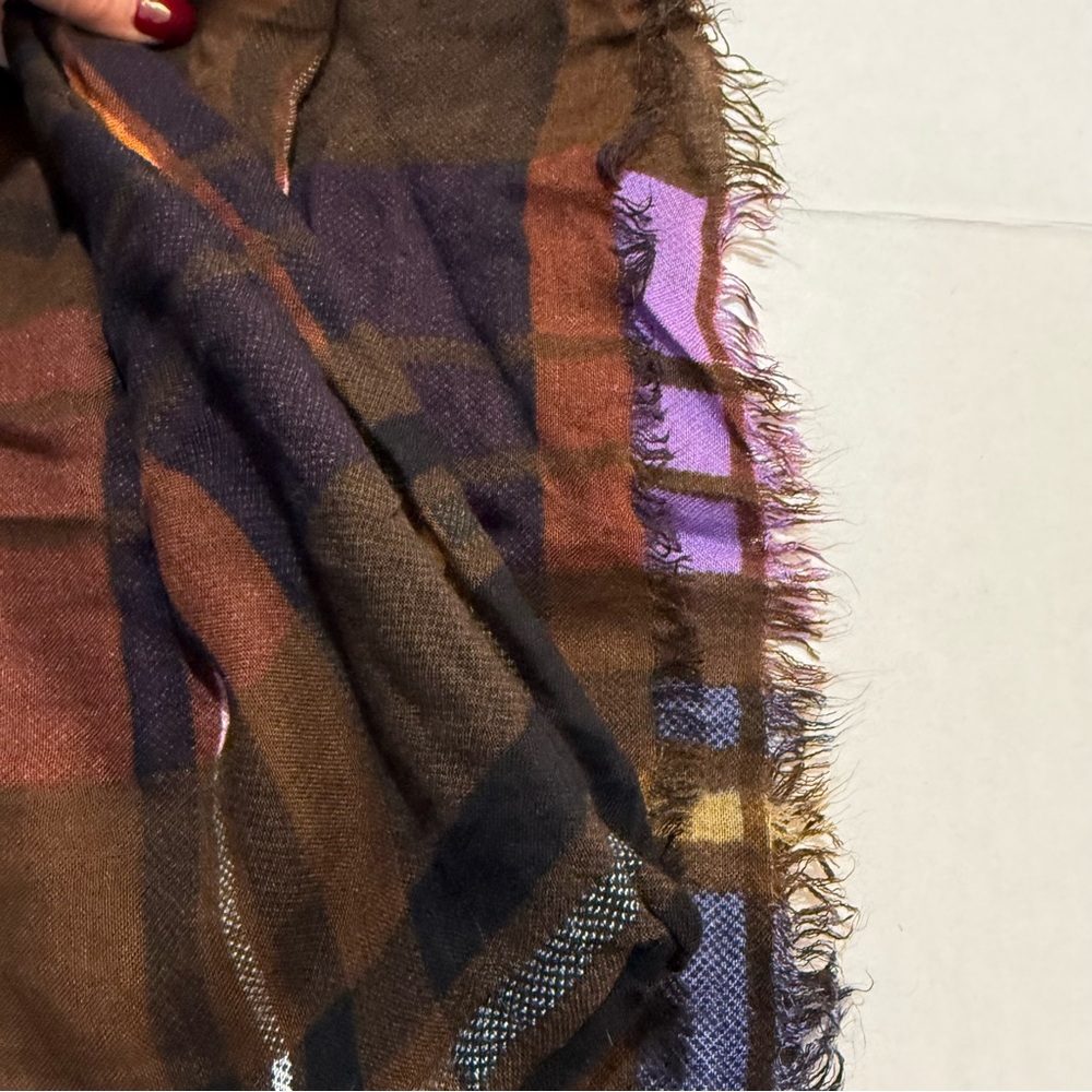 Vera Bradley Cozy Plaid Pattern Scarf Brown Purple Lightweight Wrap Raw Edge - Picture 4 of 8